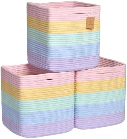 NaturalCozy Storage Cubes 11 Inch Cotton Rope Woven Baskets for Organizing, 3-Pack | Cube Storage Bin | Square Storage Baskets for Shelves Organizer, Classroom, Kids Toy Bins, Closet, Baby Nursery by NaturalCozy