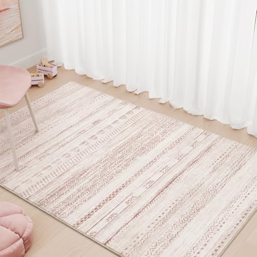 3x5 Pink Area Rug Machine Washable Non Slip Rug Distressed Neutral Moroccan Boho Rug Ultra Soft Indoor Rugs for Bedroom Living Room Entryway Kitchen Foyer Bedside by Tchdio