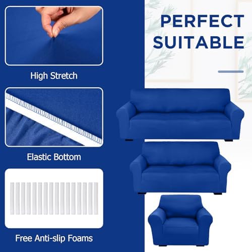 Peryiter 3 Pcs Couch and Loveseat Sofa Covers,Blue,Milk Silk - Image 4