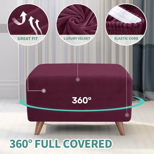MAXIJIN Velvet Ottoman Cover Rectangular Stretch Square Ottoman Covers Slipcover Rectangle Washable Foot Stool Cover Thick Storage Protector with Elastic Bottom (Ottoman Large, Wine Red) - Image 4