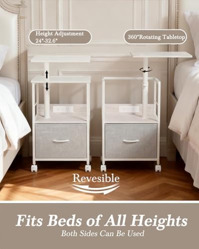 Faesun Swivel Lift Top Nightstand with Charging Station, Rolling Side Table for Recliner, Bedside Table with Wheels & a Fabric Drawer, for Small Spaces, for Bedroom, Living Room, White Gray - Image 3