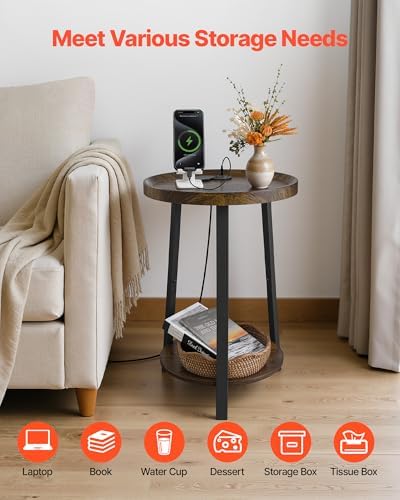 VEVOR Round Side Table with Charging Station, 15.7" Metal Round End Table with Storage Shelves, 4.9ft Power Cord, Modern Nightstand for Bedroom, Living Room, Office – Brown - Image 5