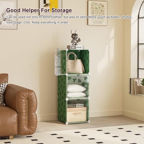 C&AHOME Clover Embossed Storage Organizer with Doors 3-Cube Shelf Green - Image 5