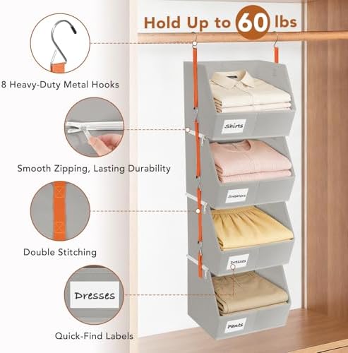 4 Pcs Modular Closet Organizer - Detachable & Foldable Hanging Storage Cubes, 88L Total Capacity, Heavy Duty Fabric Shelves for Wardrobe, Closet Organization, RV, Dorm, Grey - Image 6