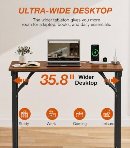 XBurmo Small Folding Desk Folding Table, No Assembly Foldable Desk Gaming Desk, 35.8-Inch Computer Table Workstation with 2 AC Outlets and 2 USB Ports for Bedroom and Home Office, Dark Walnut - Image 7