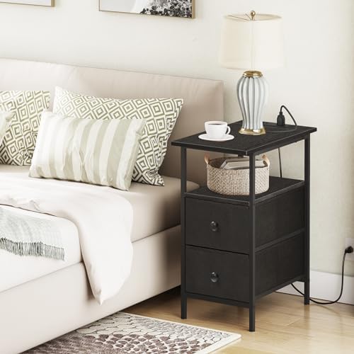 HOOBRO End Table with Charging Station, Narrow Side Table, Nightstand with 2 Non-Woven Drawers, Slim Sofa Side Table, for Small Spaces, Living Room, Bedroom, Black BB486UBZ01 - Image 2