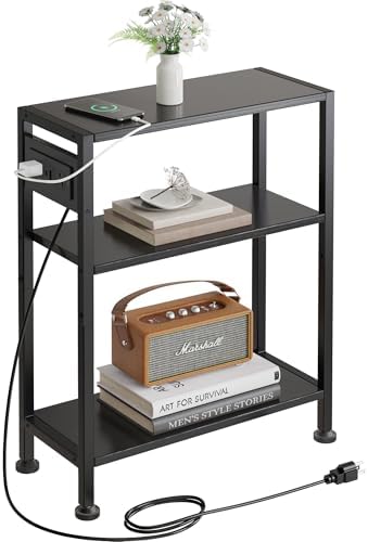 End Table with Charging Station, 3-Tier Side Table for Small Space, Skinny Nightstand with USB/Type C Port and 2 Outlets, Slim Sofa Beside Table for Living Room, Bedroom and Balcony, Black by VANTIMO