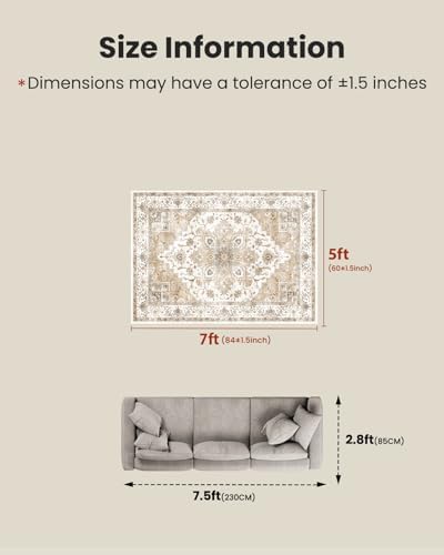 AMADA HOMEFURNISHING 5x7 Area Rugs, Washable Living Room Rug Low-Profile with Non-Slip Backing & Durable Edge Binding, Vintage 5x7 Rugs for Living Room, Bedroom, Dinning Room - Image 2