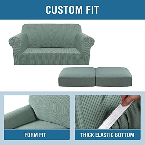 H.VERSAILTEX 3 Piece Stretch Sofa Covers for 2 Cushion Loveseat Couch Covers for Living Room Sofa Slipcovers (Base Cover Plus 2 Seat Cushion Covers) Thicker Jacquard Fabric(Medium Sofa, Sage) - Image 4
