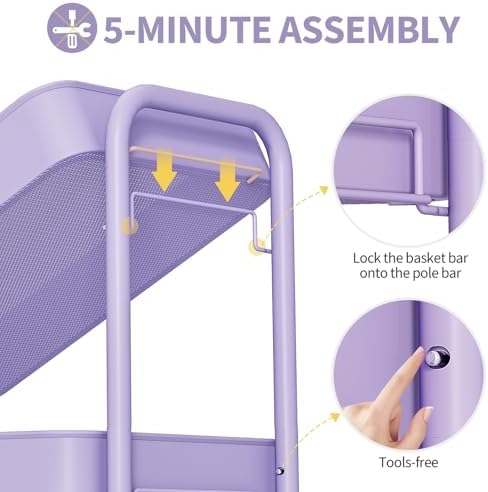 TOOLF 4 Tier Rolling Cart, Metal Utility Storage Cart with Pegboard, Purple | 2 Bins & 4 Hooks, Screwless Assembly, Lockable Wheels, Trolley Organizer for Bathroom, Kitchen, Office, Dorm, Craft Room - Image 5