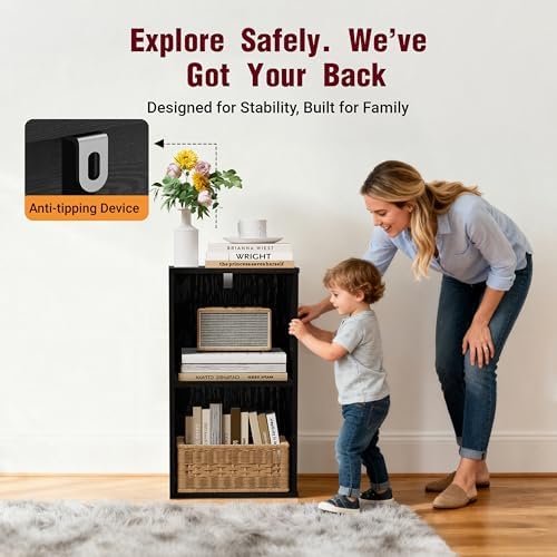 Book Shelf, Wooden Cube Storage Organizer with 11" Open Cubes, Stackable Modular Bookcase for Room Divider Storage, 2 Tier Bookshelf for Living Room, Bedroom, Office (Black, 2-Cube) - Image 4