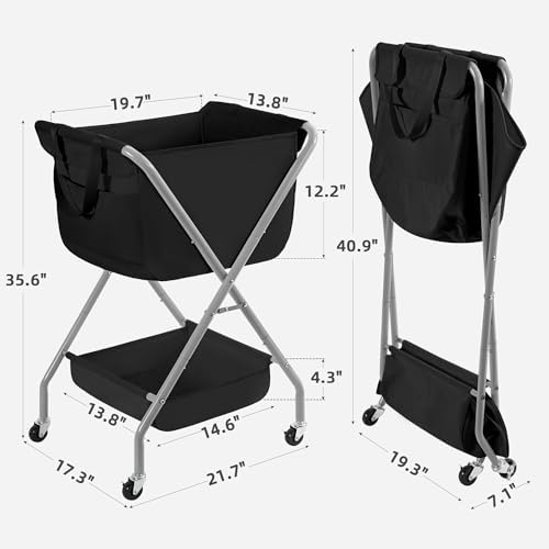 STORAGE MANIAC Collapsible Laundry Cart with Wheels 35.6"H Removable Canvas Bag Rolling Laundry Hamper Clothes Basket with Wheels, Sturdy Steel Frame Folding for Small Narrow Space Easy Storage, Black - Image 2