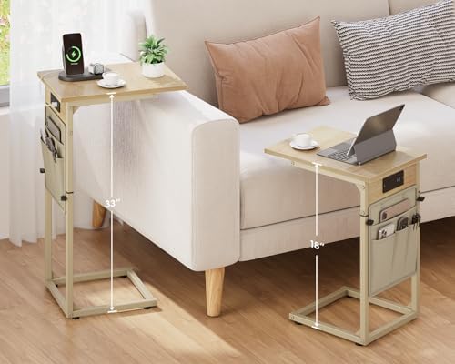Vagusicc C Shaped End Table with Charging Station, Adjustable Height C Table End Table, Small Side Table for Couch, Couch Table Slide Under Sofa Table TV Tray Arm Table for Living Room,Bedroom,Natural - Image 2