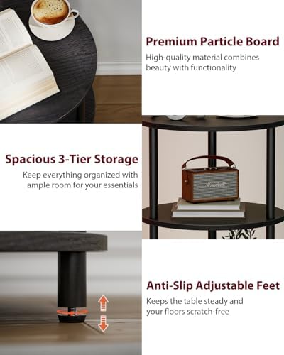 XBurmo Round Coffee Table for Living Room - Narrow Side or Bedside Stand, Industrial Vintage Nightstand for Bedroom, or Small Spaces, Charcoal Wenge - Image 4