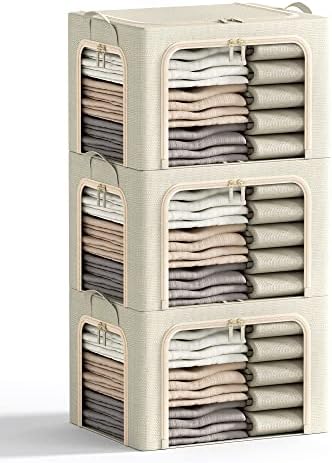 3 Openings Clothes Storage Bins with Metal Frame, Foldable Storage Bin for Clothes, Clothing Storage Bins with Lid, Linen Storage Box With Clear Window＆ Zippers＆ Durable Handles.(3 Pcs ,Beige,40L) by Furnhome