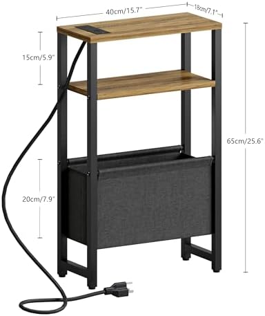 Narrow Side Table with Charging Station Slim End Table Sofa with Magazine Rack, Bedside Table for Small Spaces, 3 Tier Nightstand for Living Room Couch, Bedroom Walnut Brown LET503BRE - Image 3