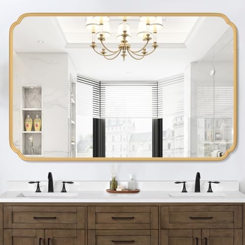 Ferytange 55X36 Inch Gold Metal Framed Bathroom Mirror for Wall, Large Rounded Rectangle Bathroom Vanity Mirror Farmhouse, Anti-Rust, Tempered Glass, Hangs Horizontally or Vertically by FerytangeHome