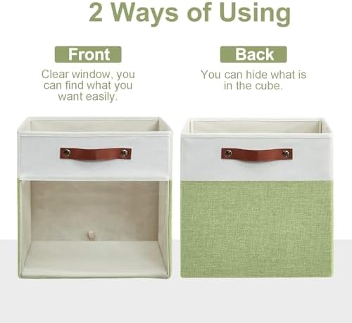 Bagnizer Storage Cubes, 4 Pack Linen Foldable Storage Bins (13 x 13 inch) with Clear Window and Handles, Fabric Organizer for Shelf Closet, Clothes, Books - (Green and White) - Image 7