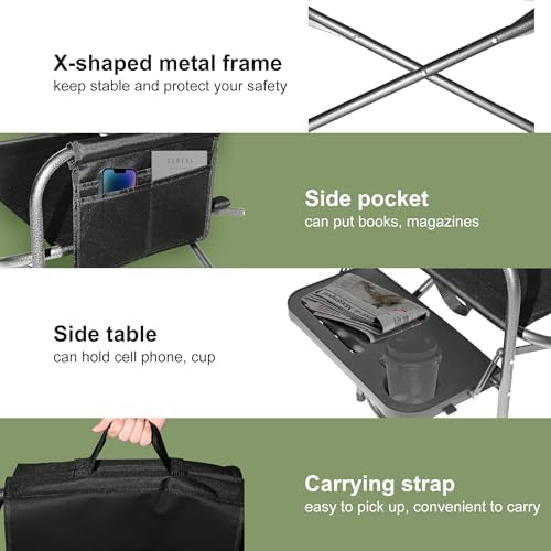 YOUNG WOOD Camping Directors Chair, Lightweight Oversized Portable Folding Chair with Side Table and Storage Pockets for Outdoor Camping, Lawn, Picnic and Fishing, Supports 400lbs (Black) - Image 4