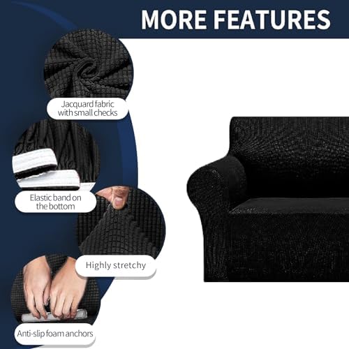 Cupuamon 2026 New Stretch Oversized Sofa Slipcovers Couch Sofa Cover for 4 Seater Furniture Protector Covers with Elastic Bottom Jacquard Fabric Small Checks for Pets, Kids - Black - Image 4