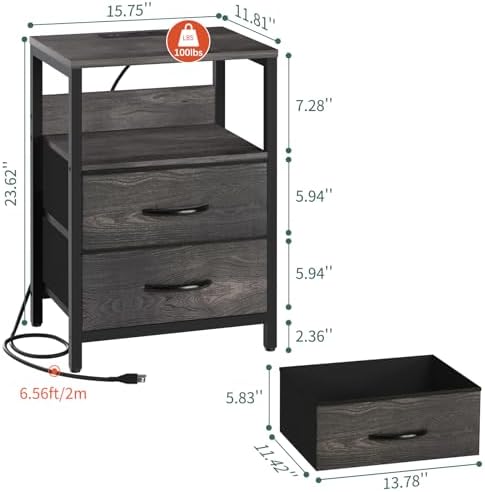 Yoobure Nightstand with Charging Station, Small Night Stand with Fabric Drawers and Storage Shelf for Bedrooms, Nightstands for Small Spaces, Bedside Table with USB Ports & Outlets, Bed Side Table - Image 3