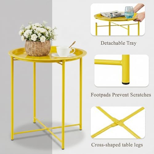 VECELO Side/End Table, Folding Round Metal Anti-Rust and Waterproof Outdoor or Indoor Tray for Living Room Bedroom Balcony and Office, 2 PCS, Yellow - Image 5