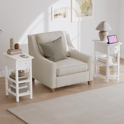 HOOBRO End Table with Charging Station, Flip Top Side Table with USB Ports, Narrow Nightstand Bedside Tables with Storage Shelves, for Small Space, Living Room, White WT141UBZ01 - Image 7