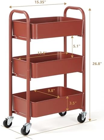SunnyPoint 3-Tier Delicate Compact Rolling Metal Storage Organizer - Mobile Utility Cart Kitchen/Under Desk Cart with Caster Wheels (RED, 15.35" X 10.24" X 26.8"H) - Image 3