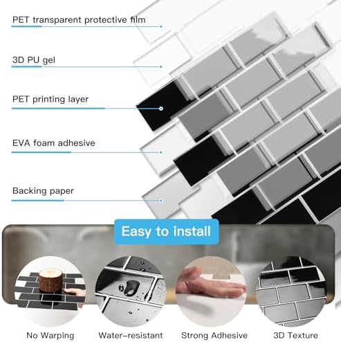 Art3d 10-Pack Subway Peel and Stick Backsplash, Black with Silver Grout - Image 6