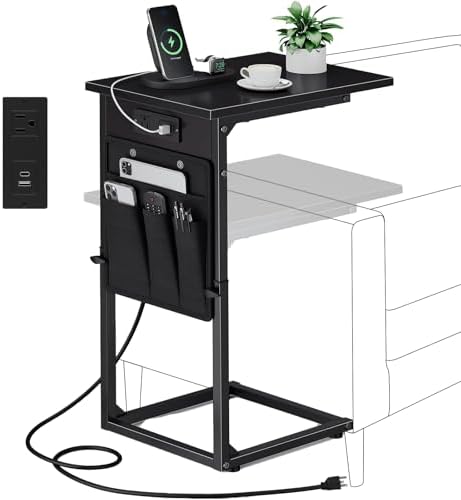 Vagusicc C Shaped End Table with Charging Station, Adjustable Height Side Table for Sofa, Couch Side Table for Small Spaces, Slide Under Sofa TV Tray Snack Arm Tables for Living Room, Bedroom, Black by Vagusicc