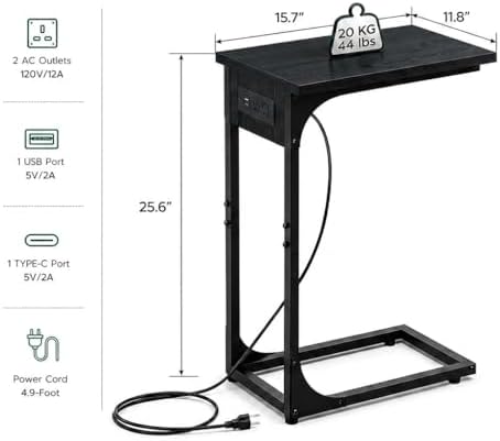 TEMI C Shaped End Table for Couch with Charging Station, Small Side Table TV Tray for Eating or Laptop, Accent Desk for Sofa or Chair, Space Saving Living Room Bedroom, Black - Image 2