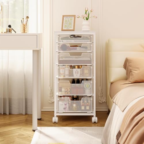 Sbanmao 6 Drawers Rolling Utility Cart, Rolling Storage Cart with Wooden Tabletop, Storage Drawer Cart on Lockable Wheels, Craft Cart for Bedroom, Classroom, Office, White - Image 5