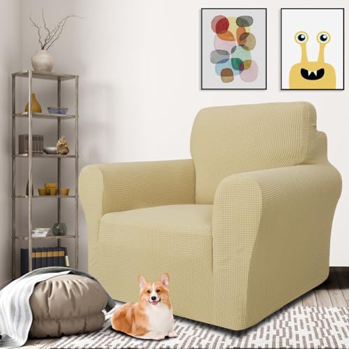 MAXIJIN Stretch Chair Cover Chair Slipcovers with Arms, 1-Piece Couch Sofa Chair Covers for Living Room, Non Slip Armchair Cover (31"-46") Furniture Protector Dogs Pet Friendly (Chair, Beige) - Image 2