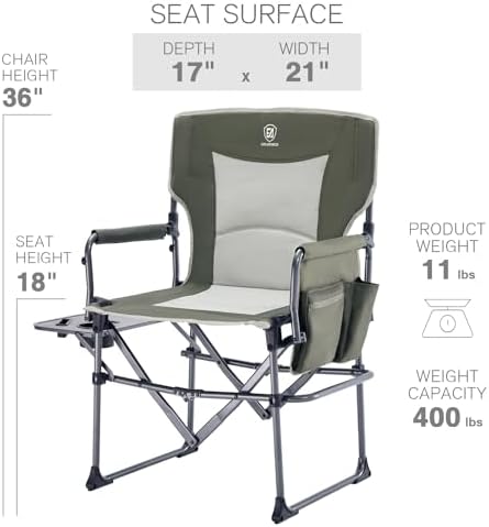 EVER ADVANCED Camping Directors' Chair with Side Table, Portable Folding Chair with Compact Size, Heavy Duty with Pocket for Camping, Lawn, Sports and Fishing, 400lbs, Green 2 Pack - Image 3