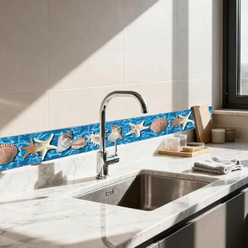 Beach Wallpaper Border Wall Border Trim Peel and Stick 19.7 x 4 Inch Ocean Seashell Starfish Pattern PVC Decorative Molding Stickers for Bathroom Kitchen Backsplash Hotel Home Decoration - Image 4