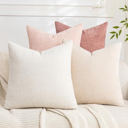 Set of 4 Soft Textured Decorative Throw Pillow Covers 16x16 Inch Cozy Farmhouse Cushion Cover Square Accent Pillow Cases for Bed Couch Sofa Living Room, White Beige Pink by Cozoomy