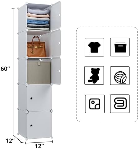 MAGINELS 5 Cube Storage Cabinet, Narrow Clothes Storage with Doors,Tall Plastic Standing Organizer Shelves for Small Spaces,Use to Closet,Bedroom,Livingroom,White(11.8x11.8inch) - Image 3