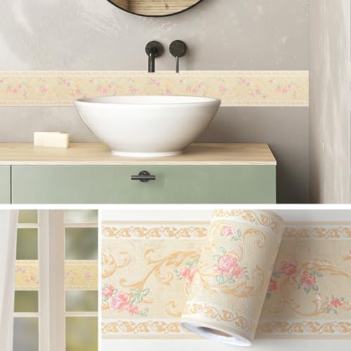 AbaBoorty Yellow Floral Wallpaper Border Decor 196"X4.1" Peel and Stick Wall Border Waterproof Tiles Sticker Wallpaper Self Adhesive Removable Wall Stickers for Bedroom Living Room Decor - Image 2