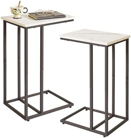 Aibiju C-Shaped Side Table Small End Table, Slide Under Laptop Desk for Couch, Living Room Side Table Set of 2, TV Trays for Eating on Couch, Faux Marble and Black YD-TM051B-2 by Aibijusolidwoodfurniture