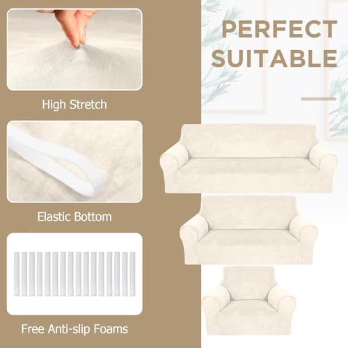 Peryiter 3 Pcs Couch and Loveseat Sofa Covers,Beige,Velvet - Image 3