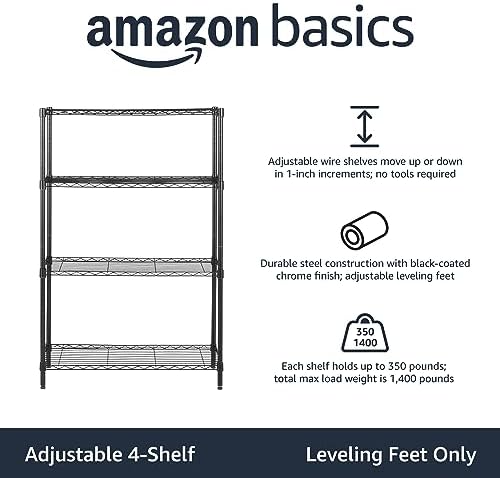 Amazon Basics 4-Shelf Adjustable Heavy Duty Steel Wire Rack Storage Shelving, Sturdy Garage Shelving, 350 lbs Capacity Per Shelf, Easy No-Tool Assembly, 36" x 14" x 54", Black - Image 4