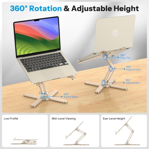 OMOTON LA10 360° Rotating Laptop Stand Riser Foldable for Desk, Gold - Image 2