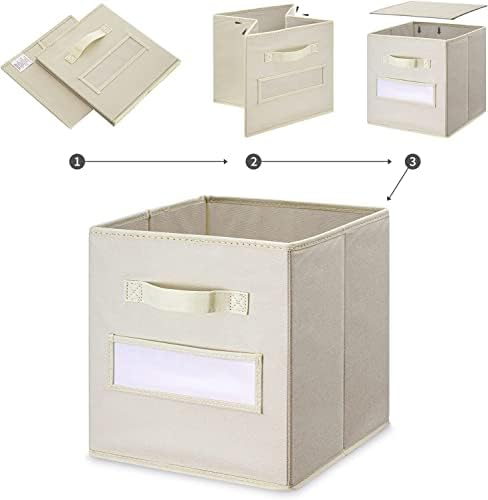 13x13x13 storage cube bins(Set of 8) Fabric storage cubes with 8 Labels Window Cards & a Pen, storage cubes 13x13, Collapsible 13 inch cube storage bins, Cubby Boxes, Beige - Image 4