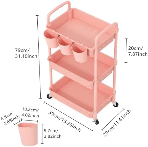 MOYIPIN 3-Tier Plastic Rolling Utility Cart with Handle,Pink - Image 2