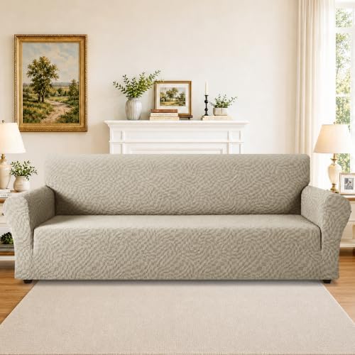 ZNSAYOTX 1 Piece Stretch Oversized Sofa Covers (91"-112"), New Plaid Couch Cover with Non-Slip Buckle for Dog Pets, Ultimate Soft Cozy Washable X-Large Sofa Slipcover Form Fit Protector, Khaki - Image 2