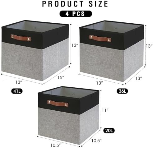 Bagnizer 13x15x13 Storage Cube Bins, Foldable Storage Organizer Baskets, Fabric Cube Storage Boxes with 2 Reinforced PU Handles for Kallax, Shelves, Living Room | 4 Pack, Black & Gray - Image 3