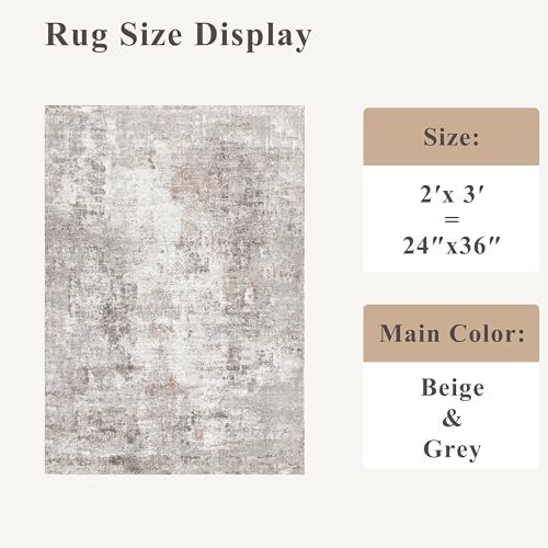 2x3 Washable Non-Slip Area Rug - Soft Low Pile Throw Rug for Kitchen Entryway Bedroom - Modern Indoor Door Mat with Rubber Backing (Beige Grey) - Image 2