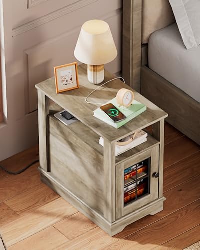 WLIVE Farmhouse End Table with Charging Station, Narrow Side Table with Storage, Small Nightstand with USB Ports and Outlets ，Bedside Cabine for Bedroom, Living Room,Greige - Image 6