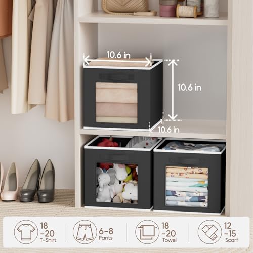 Homsorout Cube Storage Bins - Fabric Shelves for Closet Organization, Foldable Storage Bins for Clothes, Decorative Storage Baskets with Window for Home, Set of 6, Black - Image 4
