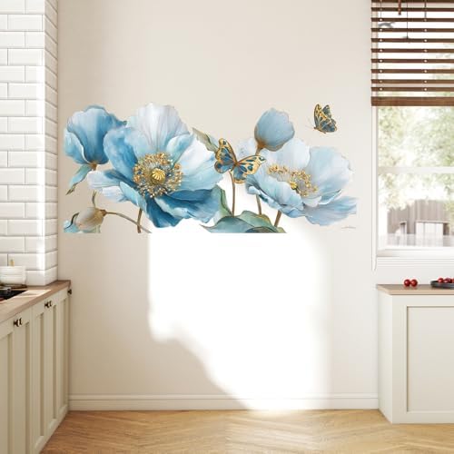 ANNA QUEEN Blue Flower Wall Decals Peel and Stick Floral Wall Stickers with Butterfly Removable Vinyl Botanical Flower Wall Decor for Living Room Bedroom Hallway Elegant Wall Art - Image 4